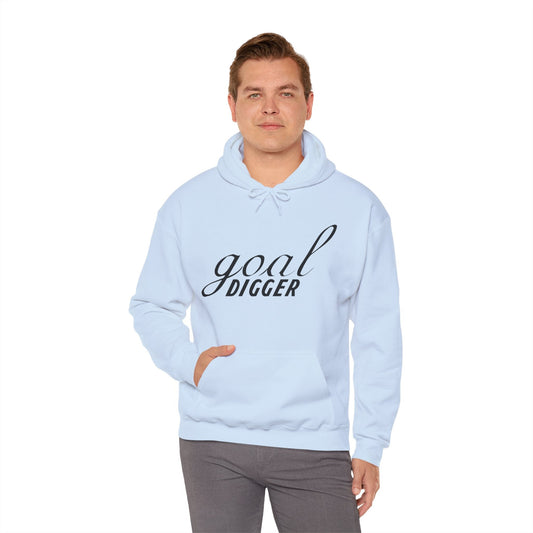 Person wearing blue Goal Digger motivational hoodie - comfortable unisex sweatshirt for daily inspiration and success mindset