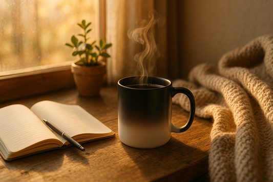 Cozy morning motivation ritual scene with steaming color-changing mug, open journal, and warm natural lighting on wooden table