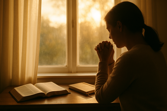 Person in quiet prayer by window with Bible and journal in soft morning light, representing spiritual growth and faith journey