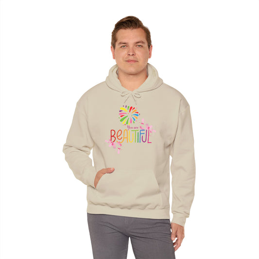 A unisex hooded sweatshirt with 'You Are Beautiful' text and a colorful design on the sleeves.