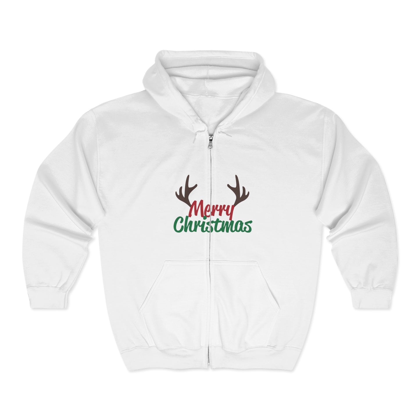 Christmas Unisex Full Zip Hooded Sweatshirt - Merry Christmas Reindeer Antlers Design
