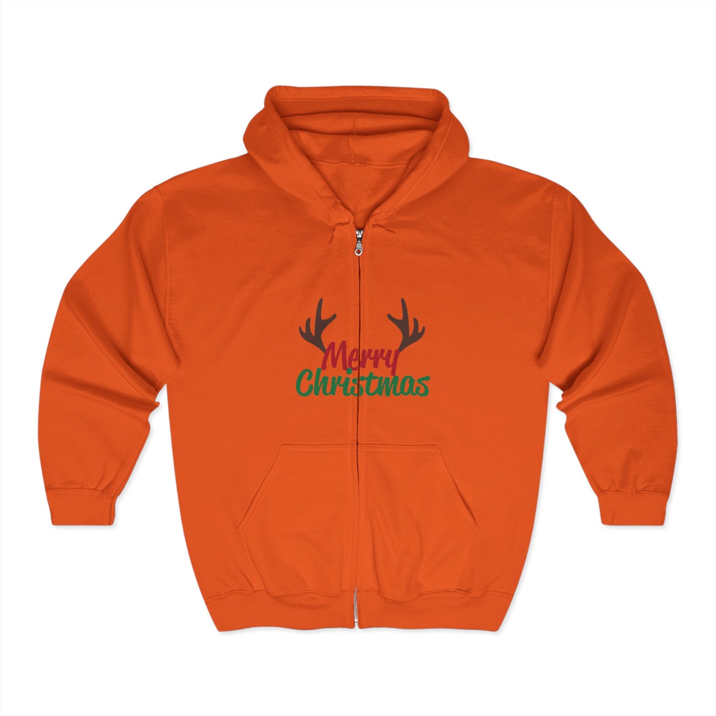 Christmas Unisex Full Zip Hooded Sweatshirt - Merry Christmas Reindeer Antlers Design