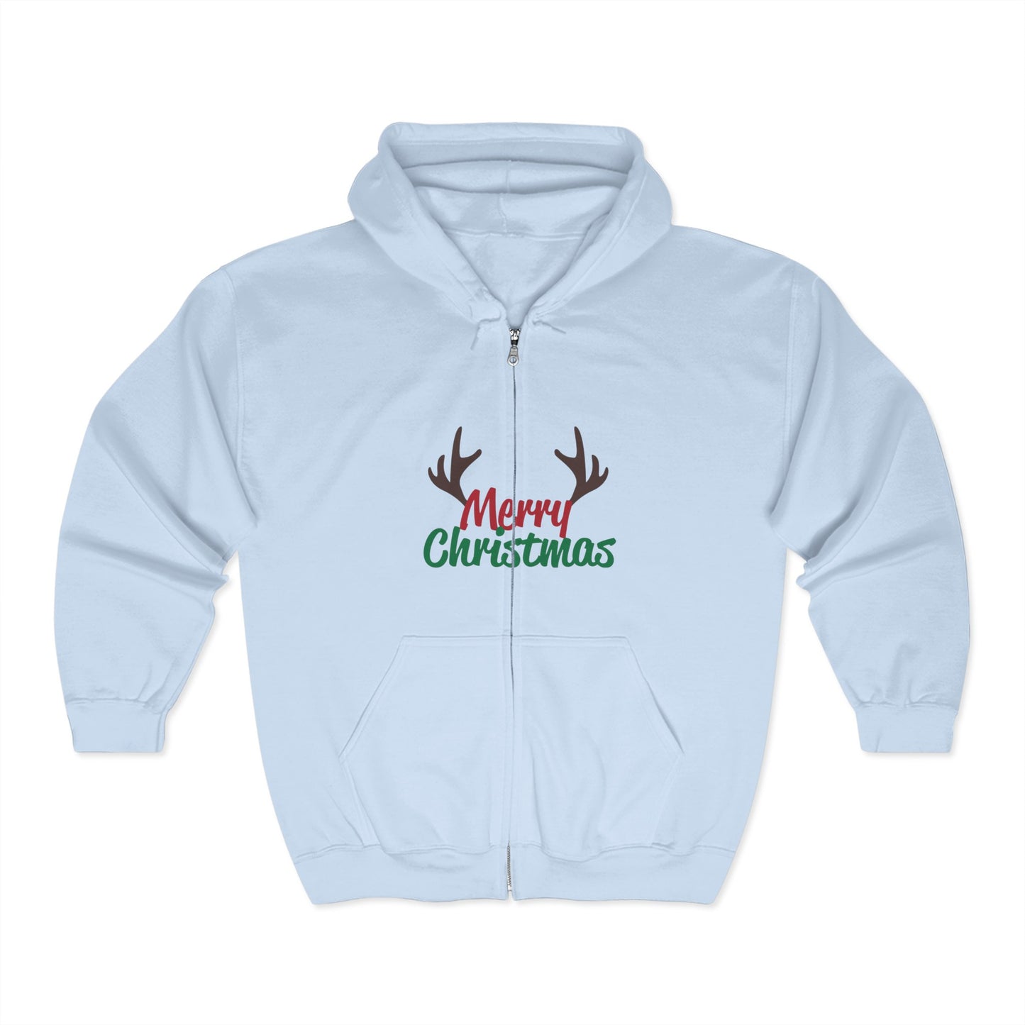 Christmas Unisex Full Zip Hooded Sweatshirt - Merry Christmas Reindeer Antlers Design