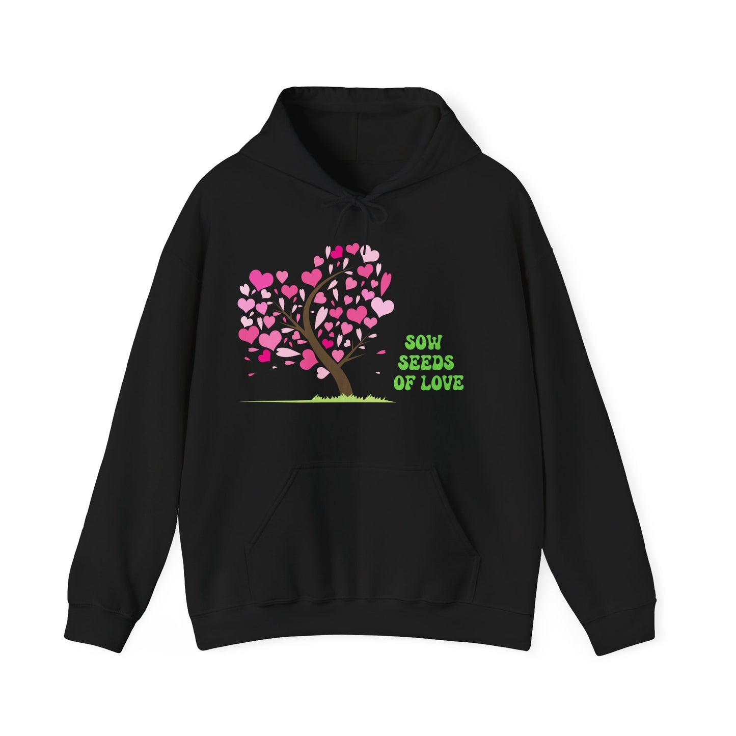 Black unisex hooded sweatshirt with 'Sow Seeds Of Love' design featuring a tree with pink leaves and green hearts, and a kangaroo pouch pocket.