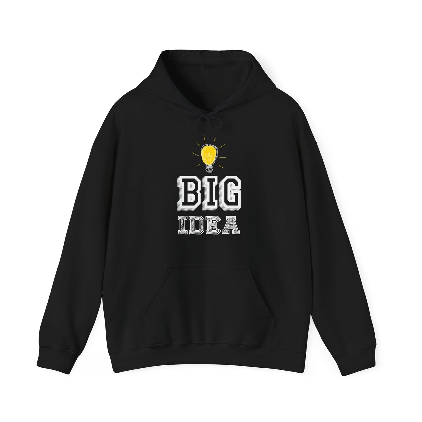 A black unisex hooded sweatshirt with 'BIG IDEA' printed on the front in white text and a light bulb graphic.