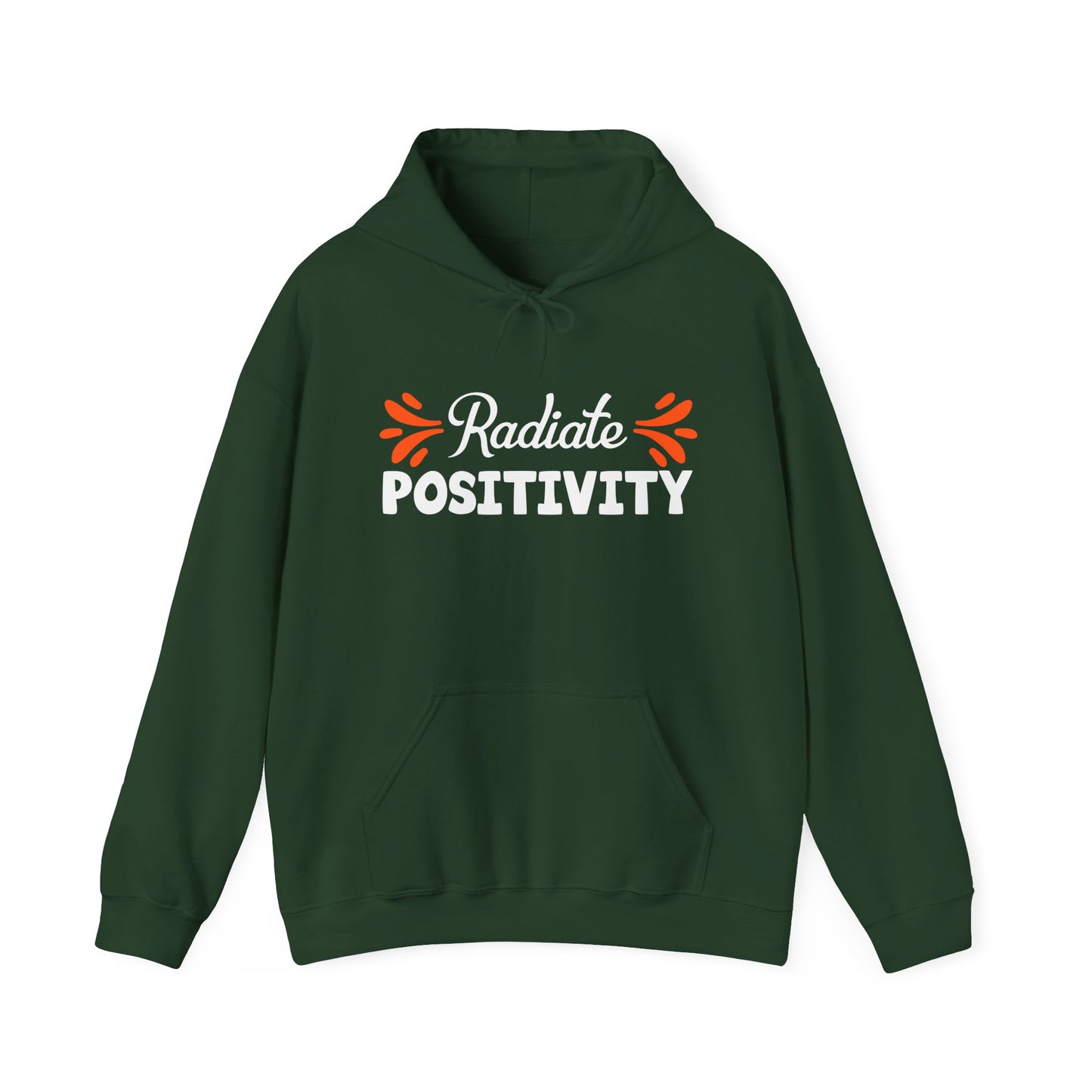 Green unisex hooded sweatshirt with 'Radiate Positivity' text design in white on the front.