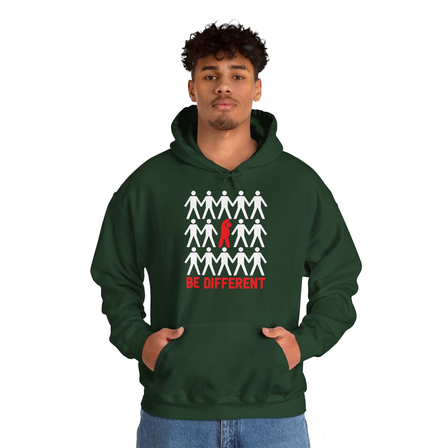 A person wearing a green hooded sweatshirt with 'BE DIFFERENT' text and a graphic design on the front.