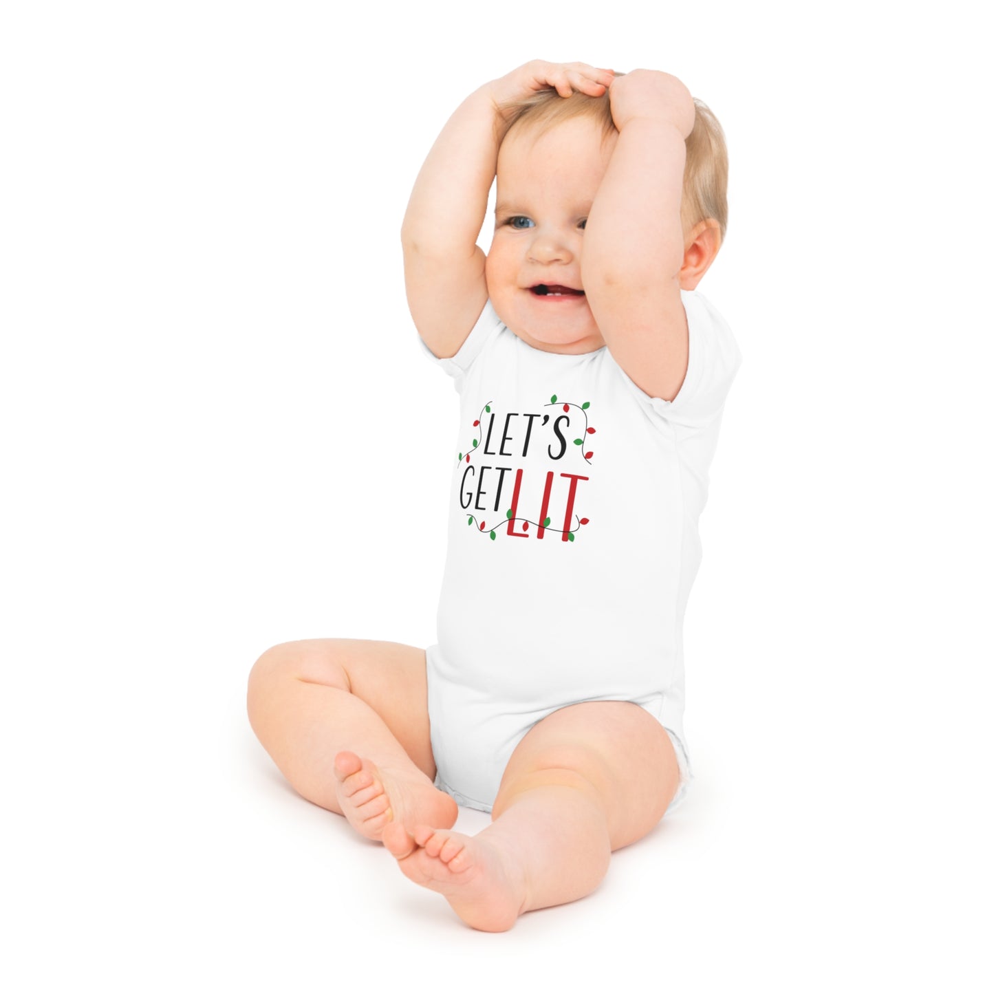 Funny Christmas baby bodysuit with "Let's Get Lit" text design in festive colors.