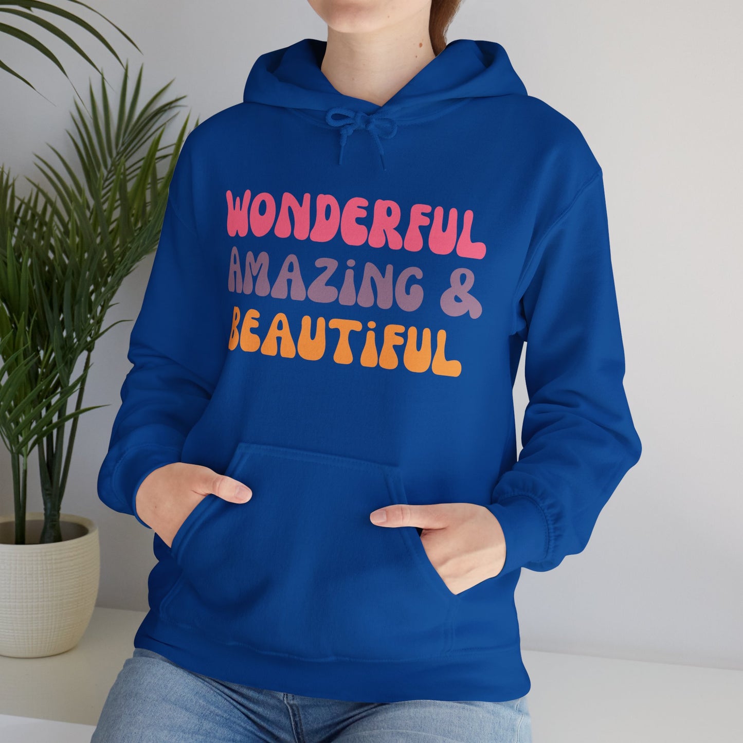 A unisex hooded sweatshirt with the text 'Wonderful Amazing & Beautiful' printed on the front.