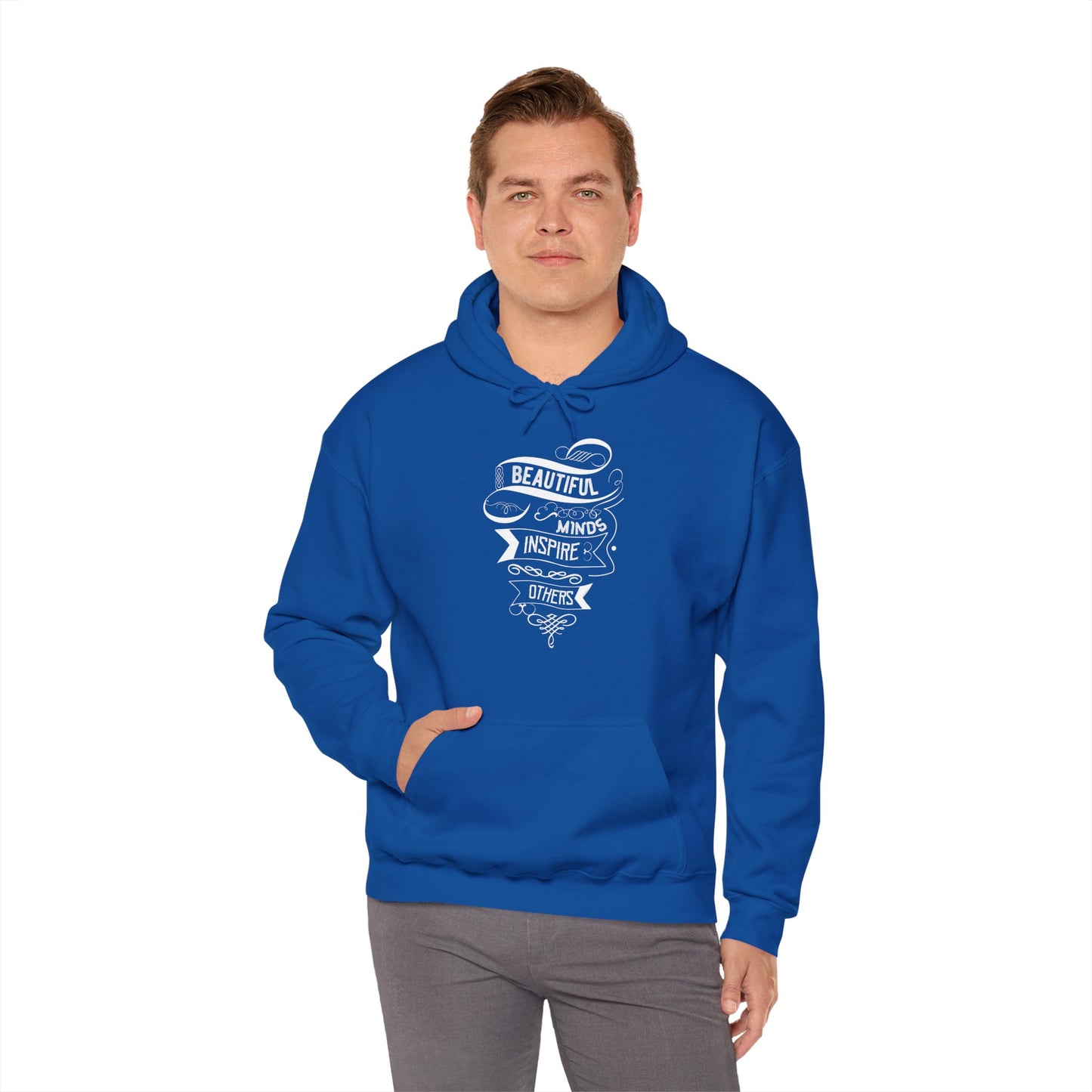 Person wearing a blue unisex hooded sweatshirt with 'Beautiful Minds Inspire Others' text design in white.