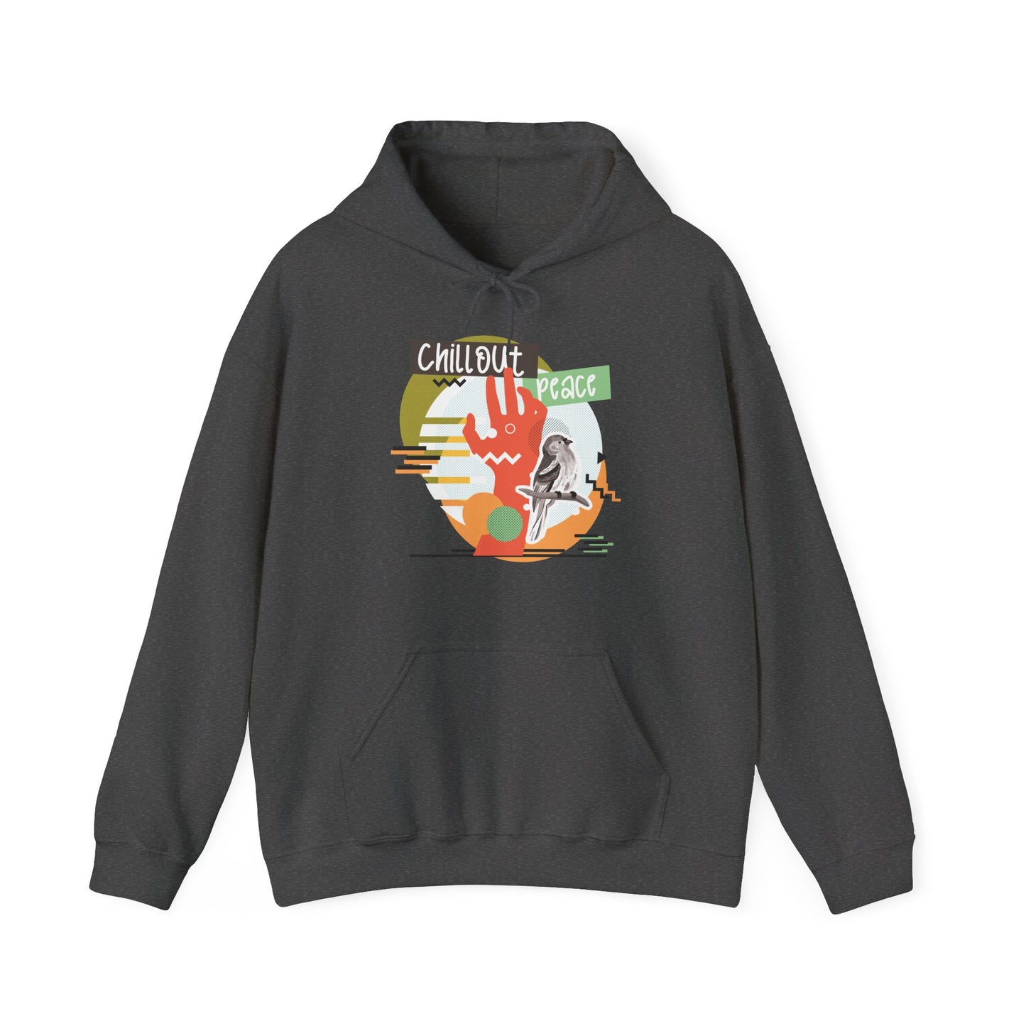 A gray unisex hooded sweatshirt with 'Chillout Peace' design and a graphic print on the front.