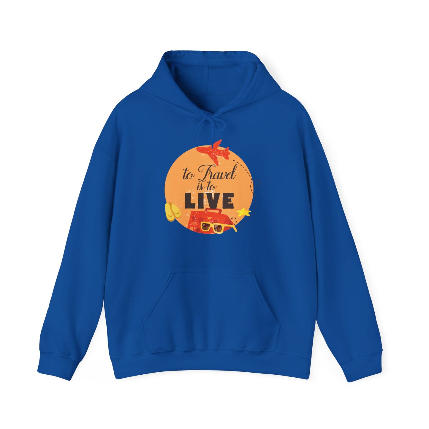 A blue unisex hooded sweatshirt with 'To Travel Is To Live' text and a graphic design featuring a kangaroo and sunglasses on the front.