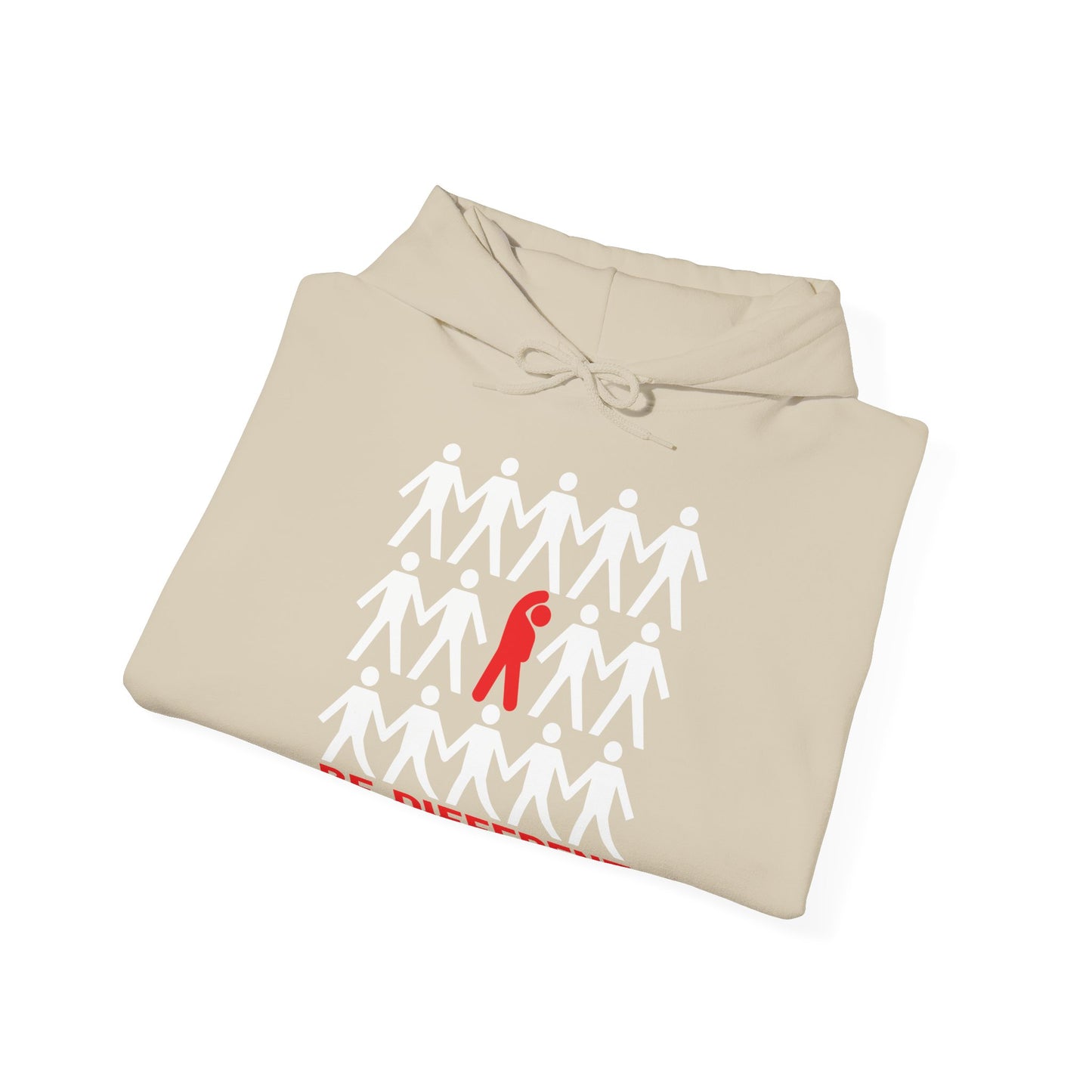 A folded biege unisex hooded sweatshirt with 'BE DIFFERENT' text and a red ribbon design on the front.
