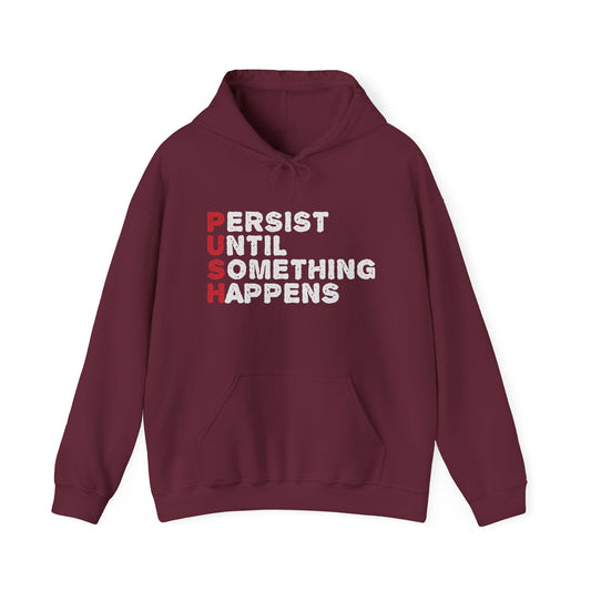 A red unisex hooded sweatshirt with the text 'PUSH Persist Until Something Happens' printed in white on the front.