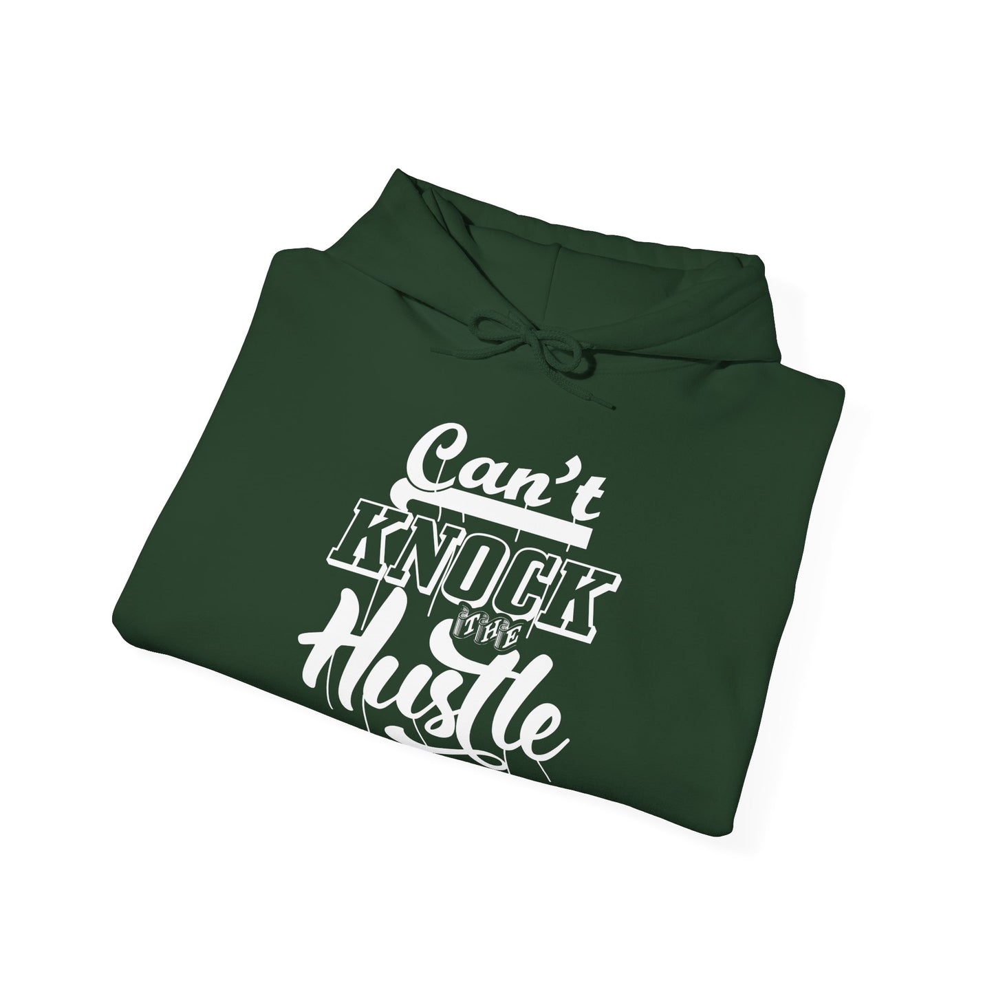 A folded green unisex hooded sweatshirt with 'Can't Knock The Hustle' text design on the front.
