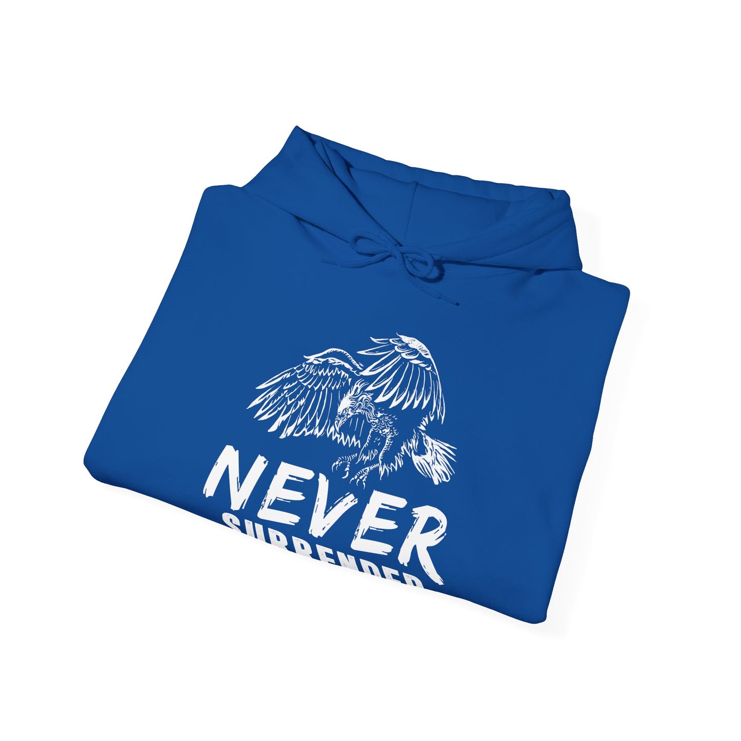A unisex hooded sweatshirt with 'NEVER SURRENDER' text and a eagle graphic on the front.