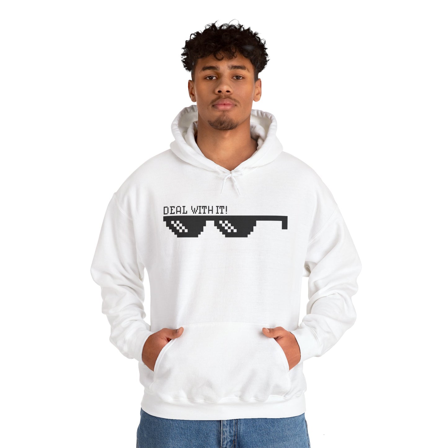 A man wearing a white unisex hooded sweatshirt with the text 'DEAL WITH IT' printed in black on the front.