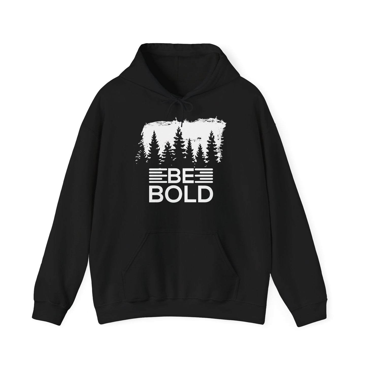A black unisex hooded sweatshirt with 'BE BOLD' text design and a forest and pine tree graphic on the front.