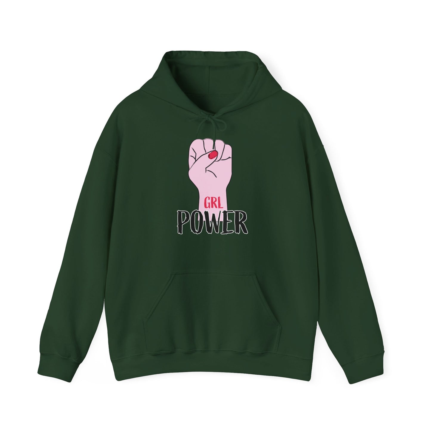A green unisex hooded sweatshirt with 'GRL Power' text and a fist graphic design on the front.