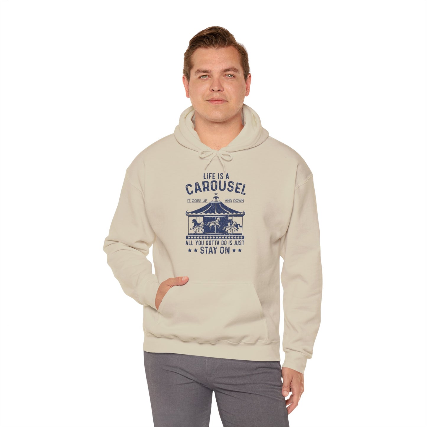 A unisex hooded sweatshirt with 'Life Is A Carousel' text and carnival-themed graphics.