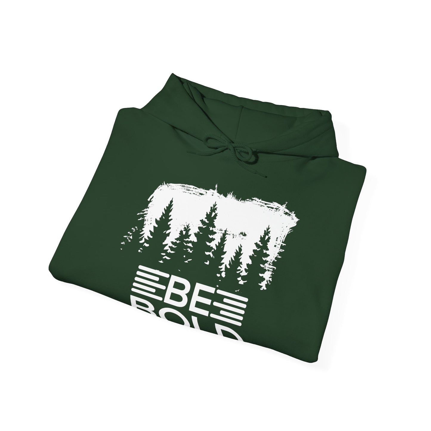 A folded black unisex hooded sweatshirt with 'BE BOLD' text design and a forest and tree graphic on the front.
