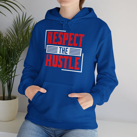 A person wearing a blue unisex hooded sweatshirt with 'Respect The Hustle' text on the front.