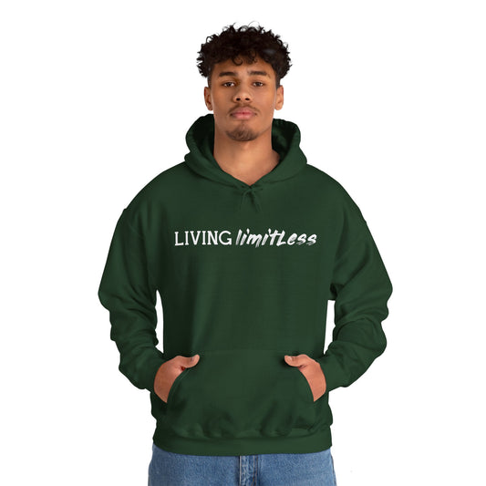 A person wearing a green unisex hooded sweatshirt with 'Living Limitless' text on the front.
