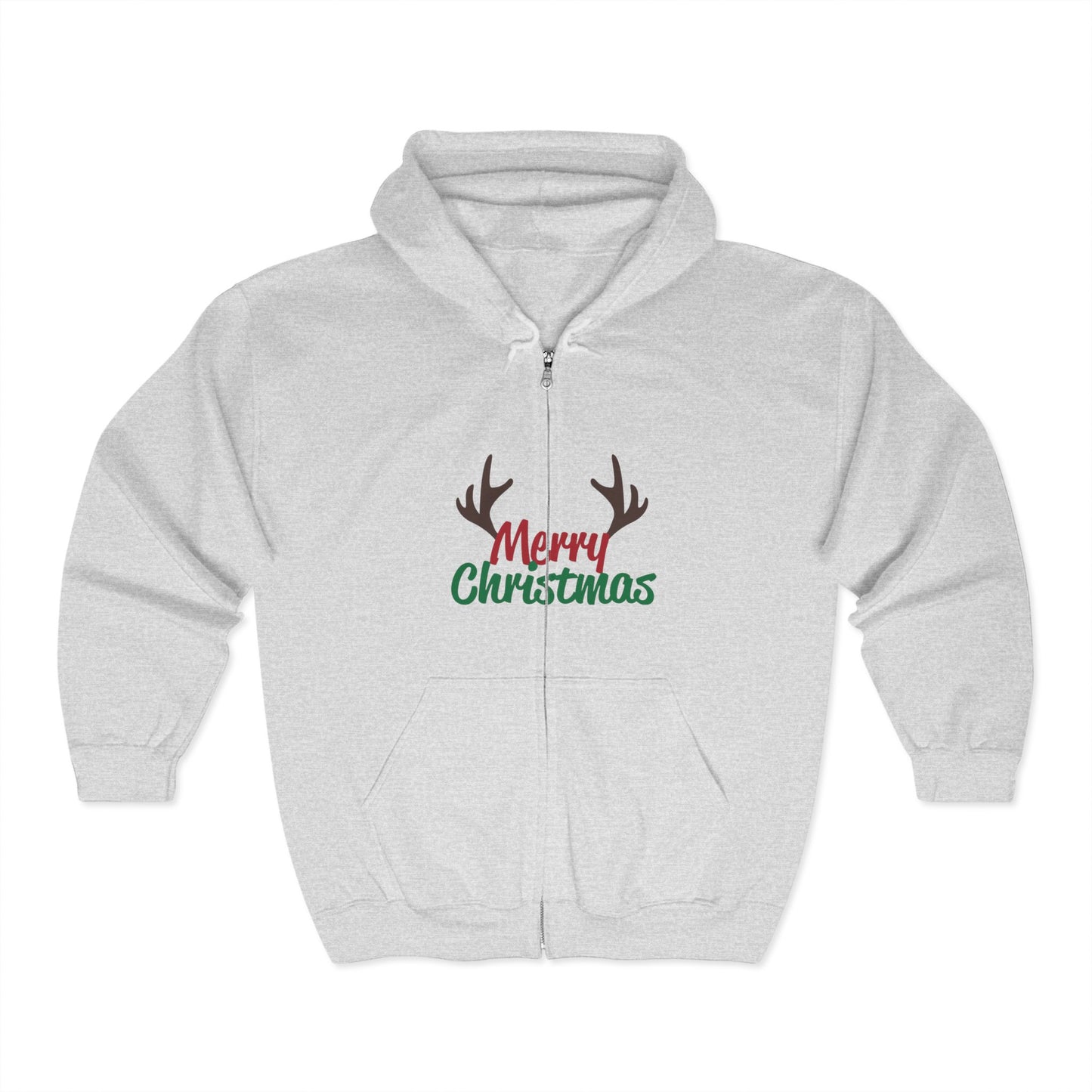 Christmas Unisex Full Zip Hooded Sweatshirt - Merry Christmas Reindeer Antlers Design