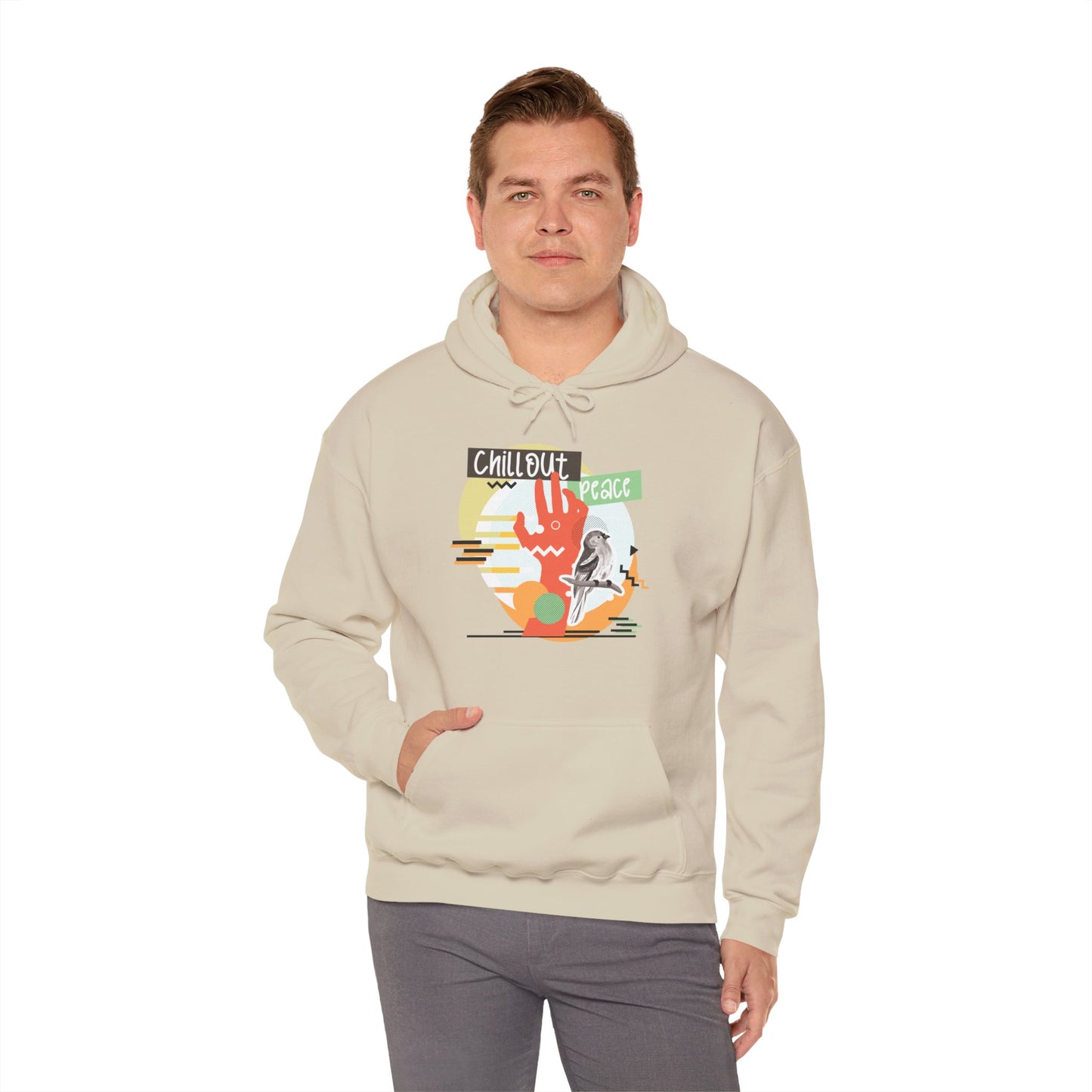 A male model wearing a beige unisex hooded sweatshirt with 'Chillout Peace' design and a graphic print on the front.