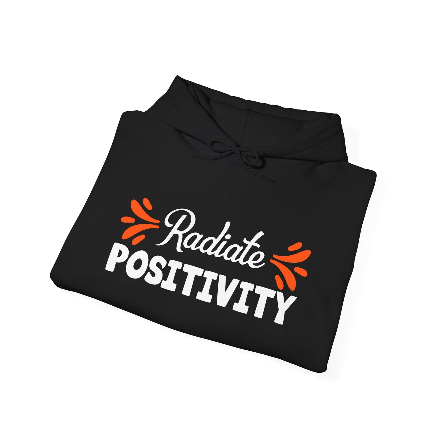 A folded black unisex hooded sweatshirt with 'Radiate Positivity' text design on the front.