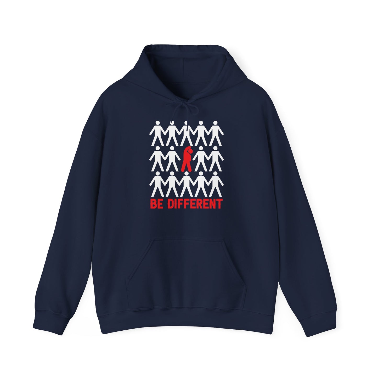 A navy blue unisex hooded sweatshirt with 'Be Different' text and a red graphic design on the front.