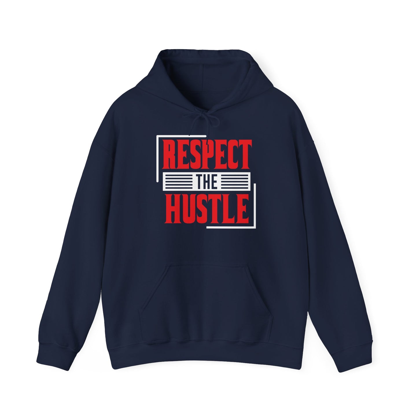 A navy blue unisex hooded sweatshirt with the text 'RESPECT THE HUSTLE' printed in red and white on the front.