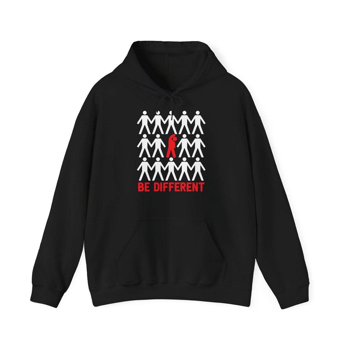 A black unisex hooded sweatshirt with 'BE DIFFERENT' text and a red ribbon design on the front.