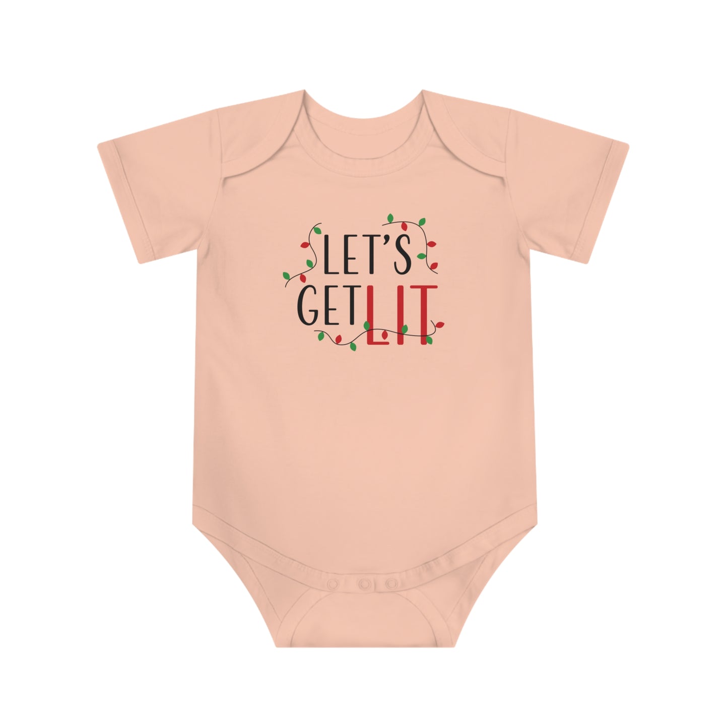 Funny Christmas baby bodysuit with "Let's Get Lit" text design in festive colors.