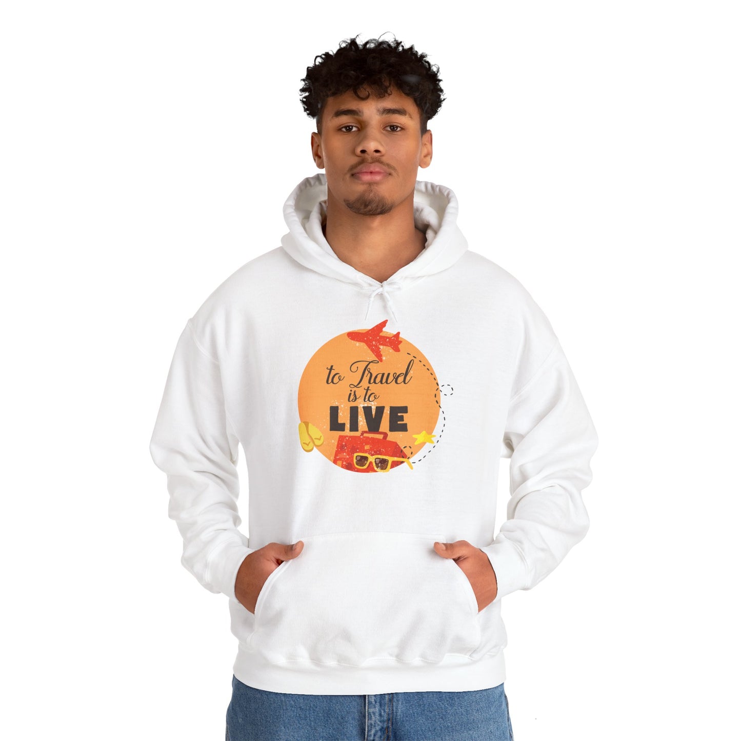 A man wearing a white hooded sweatshirt with 'To Travel Is To Live' text and a graphic design on the front.