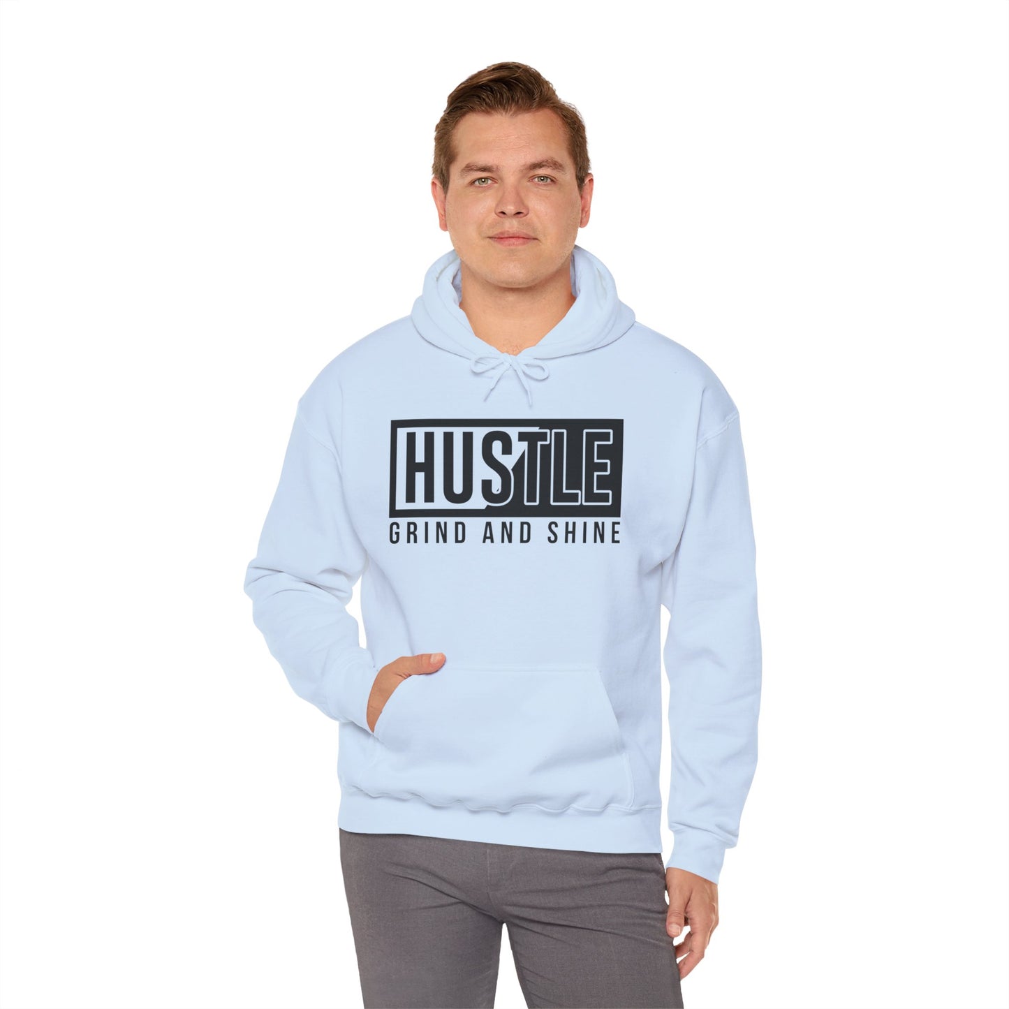 Hustle Grind Shine motivational hoodie front view in light blue - unisex sweatshirt with inspirational text design