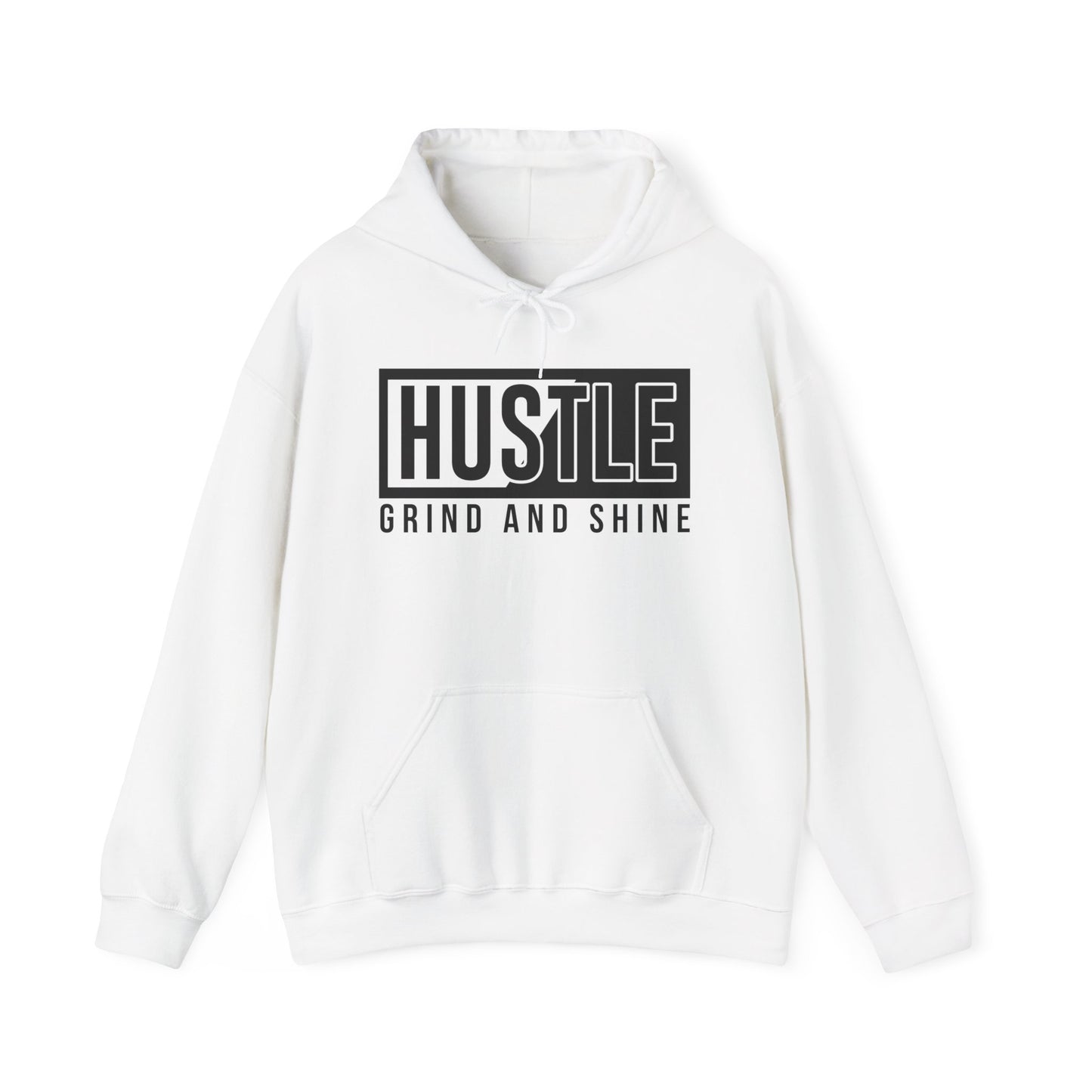 Hustle Grind Shine motivational hoodie front view in white - unisex sweatshirt with inspirational text design