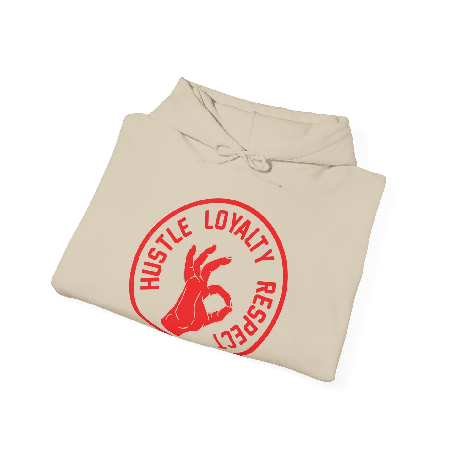 A folded biege unisex hooded sweatshirt with 'HUSTLE LOYALTY RESPECT' text design in red on the front.