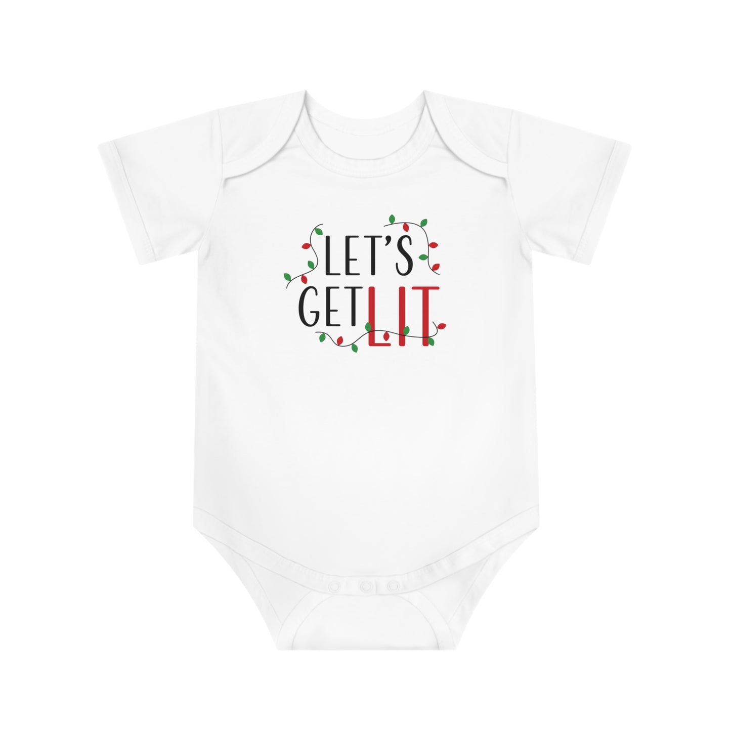Funny Christmas baby bodysuit with "Let's Get Lit" text design in festive colors.