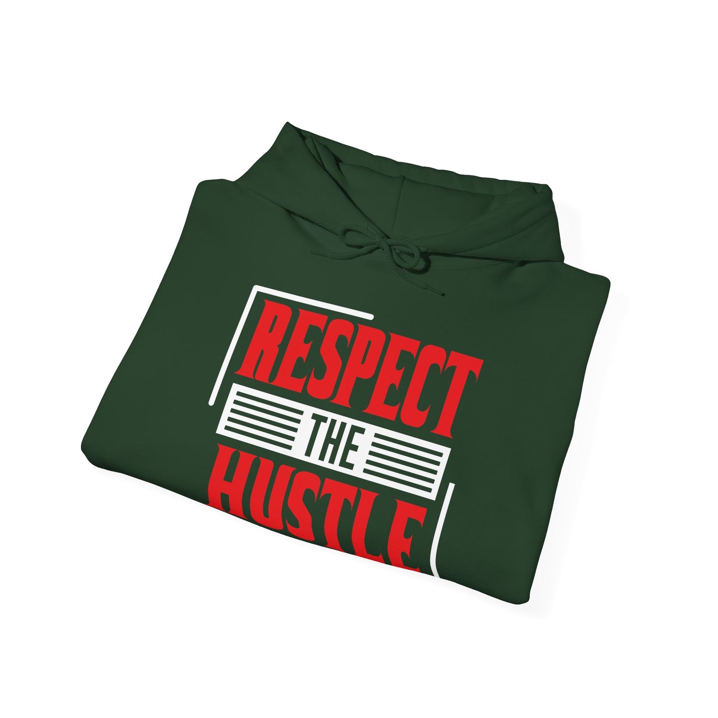 A folded green unisex hooded sweatshirt with the text 'RESPECT THE HUSTLE' printed in red and white on the front.