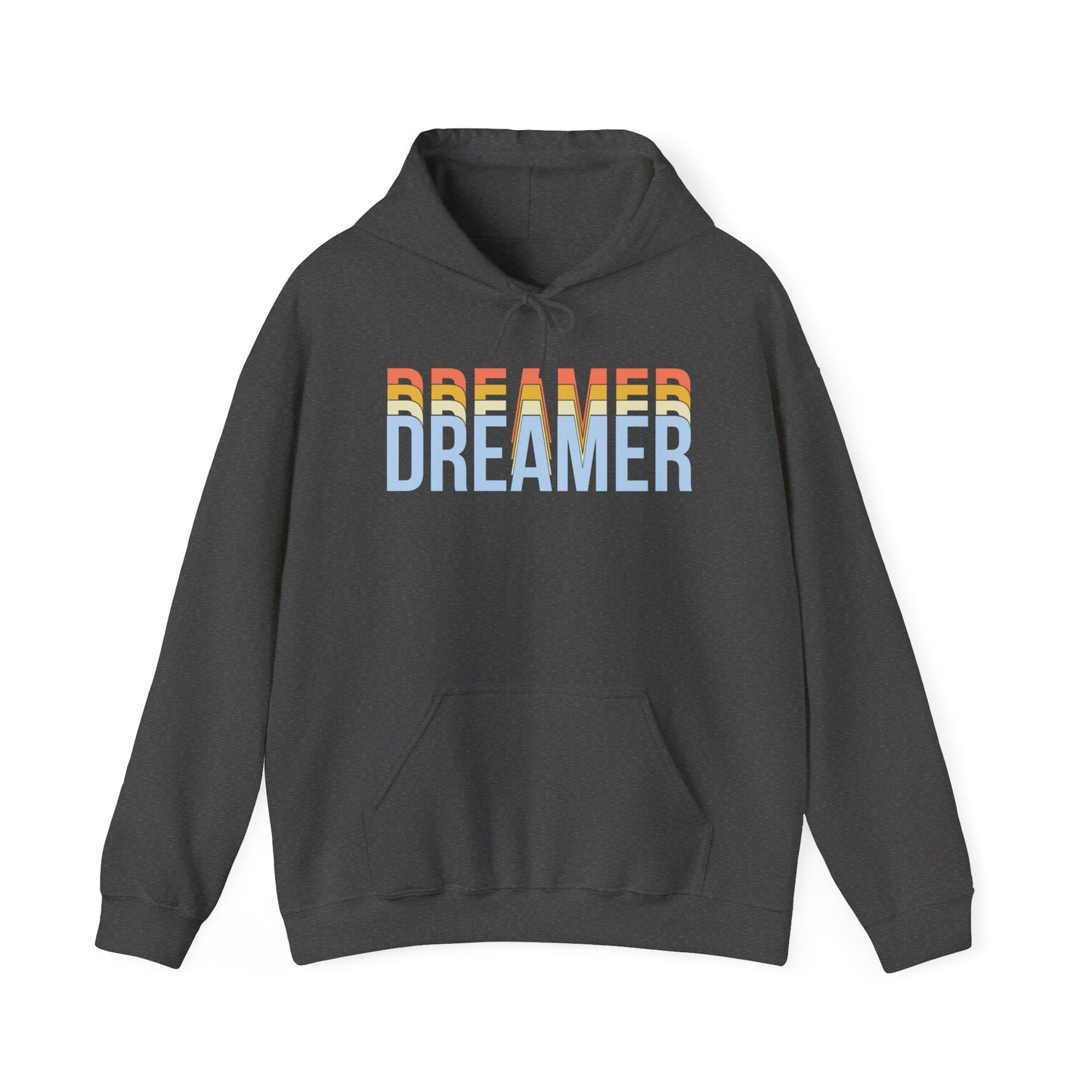 A dark heather unisex hooded sweatshirt with 'DREAMER' text in white and blue gradient on the front.