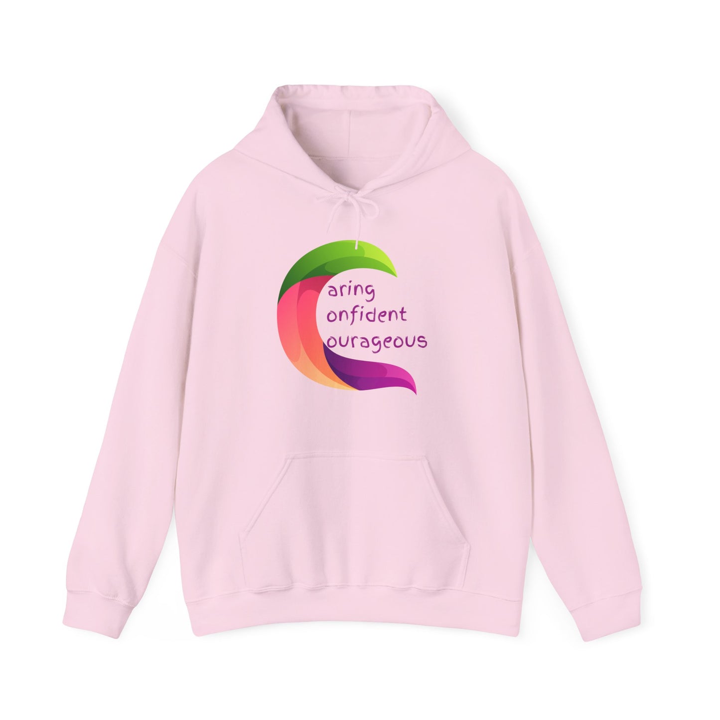 A pink unisex hooded sweatshirt with 'Caring Confident Courageous' text and a colorful geometric design on the front.