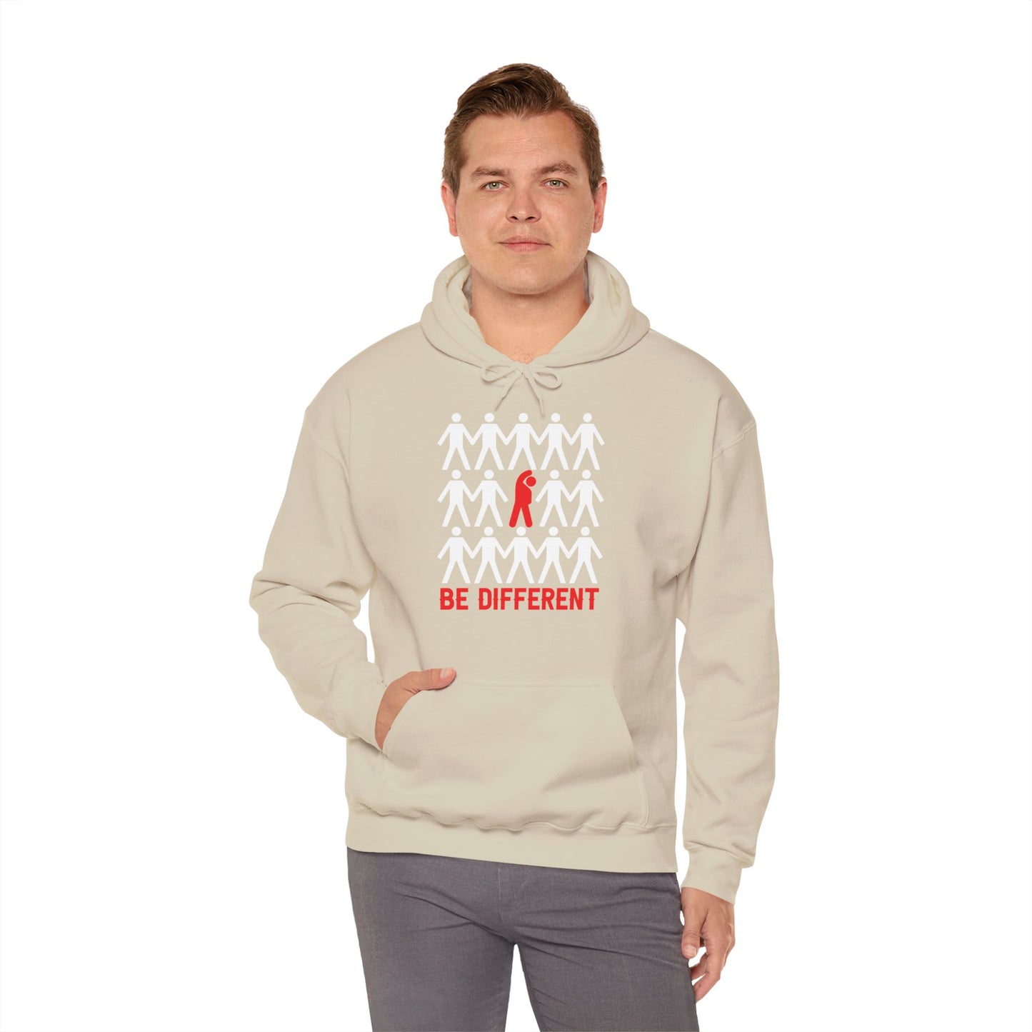 A person wearing a beige unisex hooded sweatshirt with 'BE DIFFERENT' text design on the front.