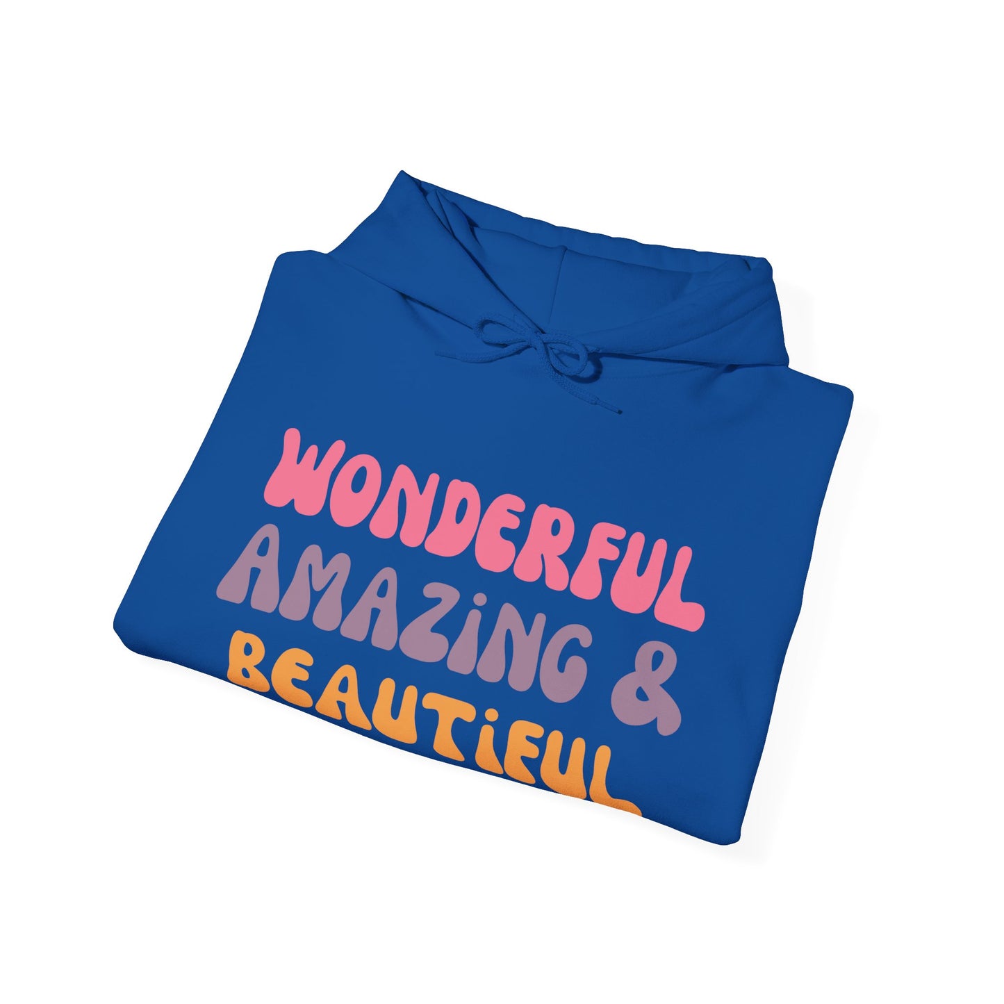 A unisex hooded sweatshirt with the text 'Wonderful Amazing & Beautiful' printed on the front.