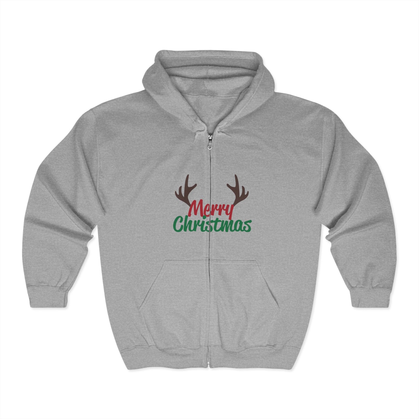 Christmas Unisex Full Zip Hooded Sweatshirt - Merry Christmas Reindeer Antlers Design