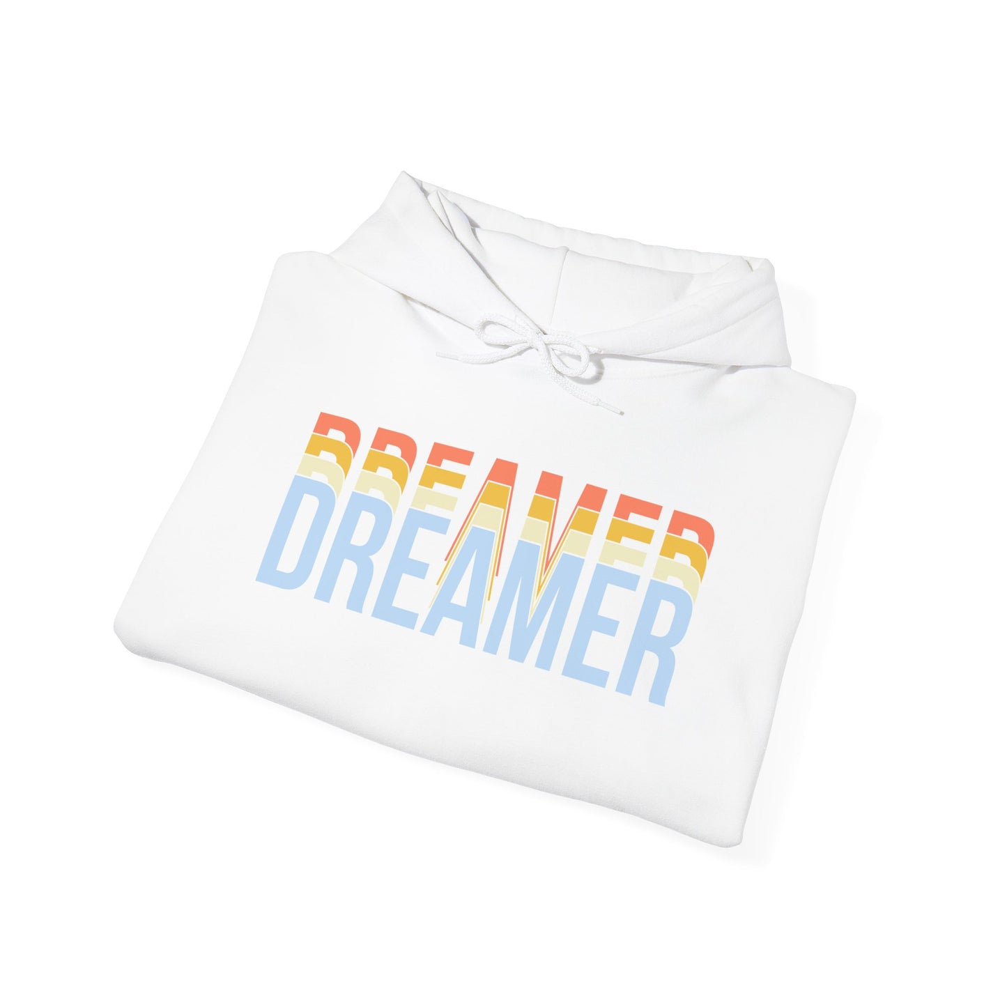 A folded white unisex hooded sweatshirt with 'DREAMER' text in white and blue gradient on the front.