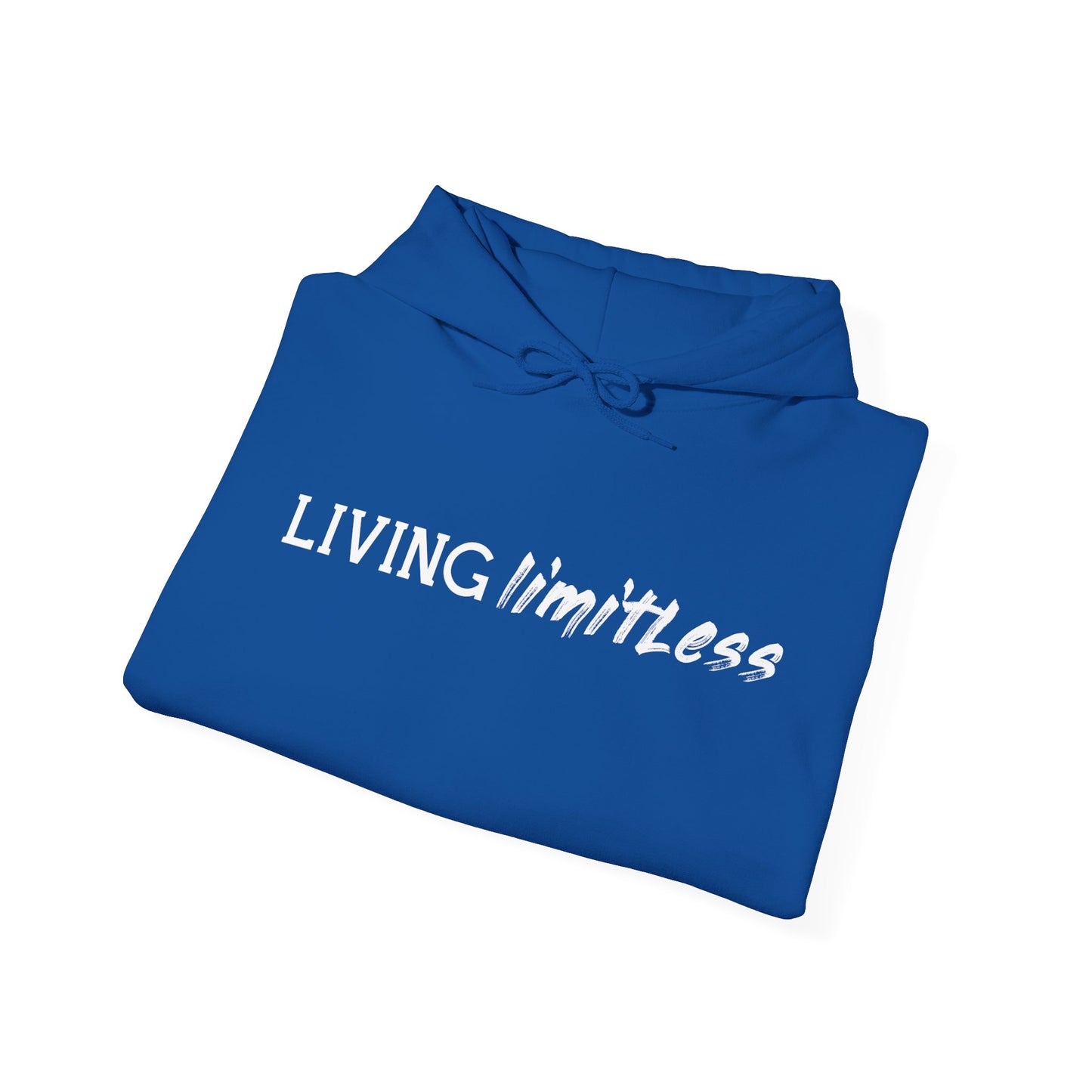 A folded blue unisex hooded sweatshirt with 'Living Limitless' text design on the front.