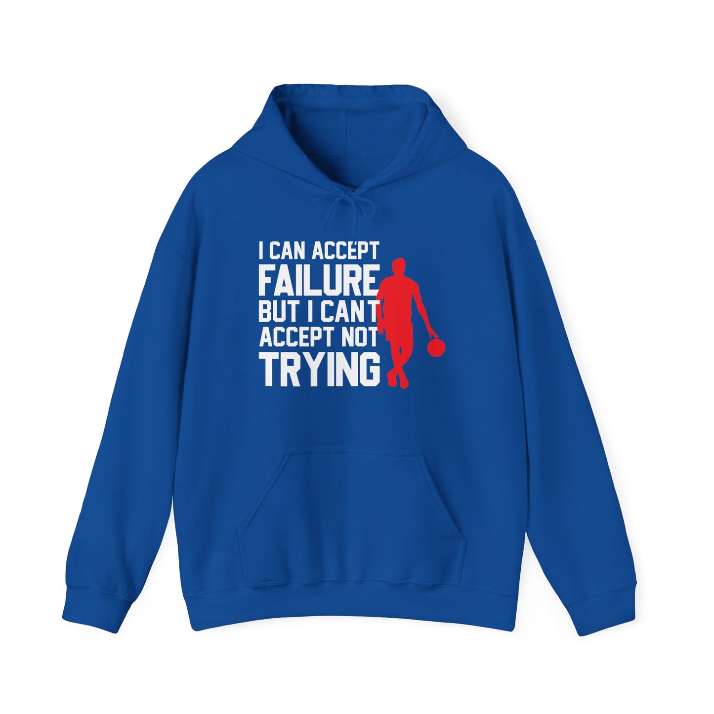 A blue unisex hooded sweatshirt with white text and a graphic design.