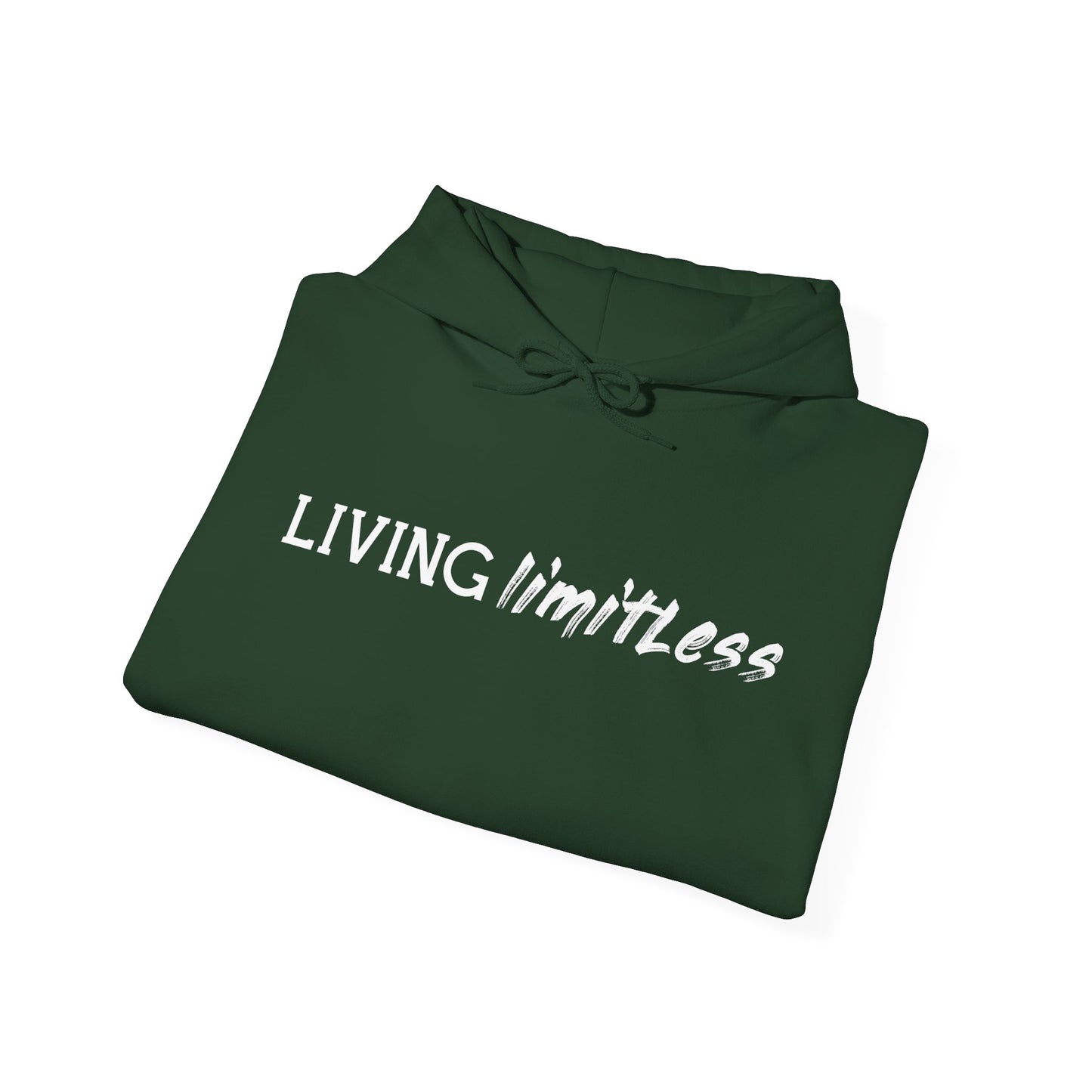 A folded forest green unisex hooded sweatshirt with 'Living Limitless' text design on the front.