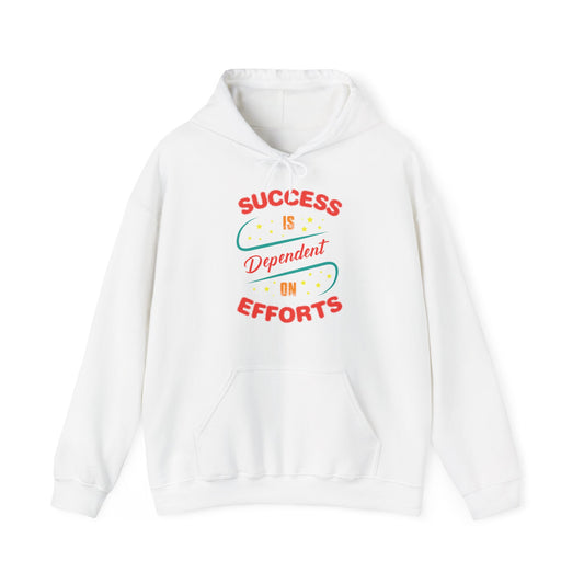 A white unisex hooded sweatshirt with the text 'SUCCESS IS DEPENDENT ON EFFORTS' printed on the front.